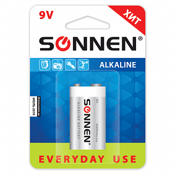 Батарейка SONNEN Alkaline, Крона (6LR61, 6LF22, 1604A), алкалиновая, 1 шт., в блистере, 451092