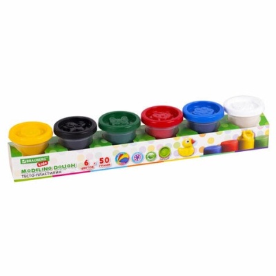 Пластилин-тесто для лепки BRAUBERG KIDS, 6 цв., 300 г, яркие классич. цвета, крышки-штампики, 106718