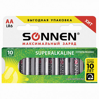 Батарейки комлпект 10 шт., SONNEN Super Alkaline, АА (LR06,15А), алкал., пальч., в коробке, 454231