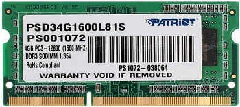 Память DDR3L 4Gb 1600MHz Patriot PSD34G1600L81S RTL PC3-12800 CL11 SO-DIMM 204-pin 1.35В dual rank
