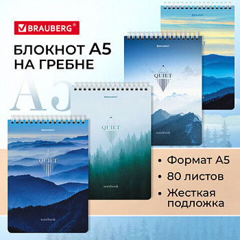 Блокнот А5 (146х206 мм), 80 л., гребень, картон, жесткая подложка, клетка, BRAUBERG, "Безмятежность"
