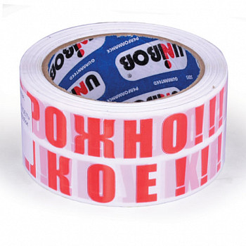 Клейкая лента упаковочная, 50мм х 66м, белая, надпись "ОСТОРОЖНО!!!ХРУПКОЕ!!!",50 мкм, UNIBOB, 56857