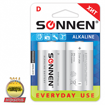 Батарейки SONNEN Alkaline, D (LR20, 13А), алкалиновые, комплект 2 шт., в блистере, 451091