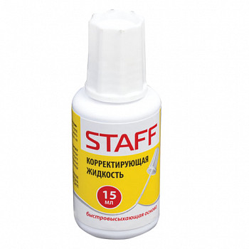 Корректирующая жидкость STAFF, 15 мл, с кисточкой, быстросохнущая, 226055 