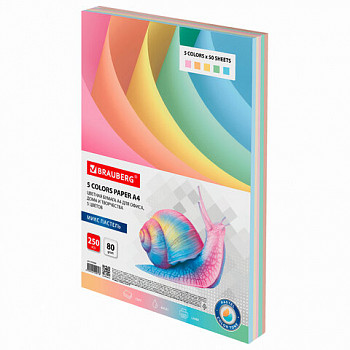 Бумага цветная BRAUBERG, А4, 80 г/м2, 250 л., (5 цветов х 50 л), пастель, для офисной техн., 112463