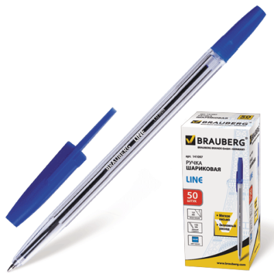 Ручка шариковая BRAUBERG Line, синяя, корпус прозрачный, узел 1 мм, линия письма 0,5 мм, 141097